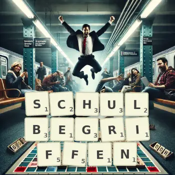 Kreative Illustration für ein Scrabble-Spiel, bei dem das Wort SCHULBEGRIFFEN mit Steinen auf dem Brett gelegt wurde.