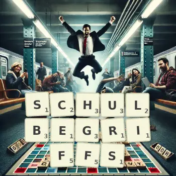 Kreative Illustration für ein Scrabble-Spiel, bei dem das Wort SCHULBEGRIFFS mit Steinen auf dem Brett gelegt wurde.
