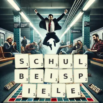 Kreative Illustration für ein Scrabble-Spiel, bei dem das Wort SCHULBEISPIELE mit Steinen auf dem Brett gelegt wurde.