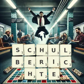 Kreative Illustration für ein Scrabble-Spiel, bei dem das Wort SCHULBERICHTE mit Steinen auf dem Brett gelegt wurde.