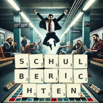 Kreative Illustration für ein Scrabble-Spiel, bei dem das Wort SCHULBERICHTEN mit Steinen auf dem Brett gelegt wurde.