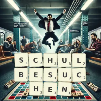 Kreative Illustration für ein Scrabble-Spiel, bei dem das Wort SCHULBESUCHEN mit Steinen auf dem Brett gelegt wurde.