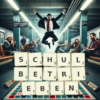 Kreative Illustration für ein Scrabble-Spiel, bei dem das Wort SCHULBETRIEBEN mit Steinen auf dem Brett gelegt wurde.