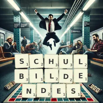 Kreative Illustration für ein Scrabble-Spiel, bei dem das Wort SCHULBILDENDES mit Steinen auf dem Brett gelegt wurde.