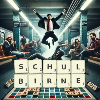 Kreative Illustration für ein Scrabble-Spiel, bei dem das Wort SCHULBIRNE mit Steinen auf dem Brett gelegt wurde.