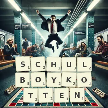 Kreative Illustration für ein Scrabble-Spiel, bei dem das Wort SCHULBOYKOTTEN mit Steinen auf dem Brett gelegt wurde.