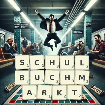 Kreative Illustration für ein Scrabble-Spiel, bei dem das Wort SCHULBUCHMARKT mit Steinen auf dem Brett gelegt wurde.