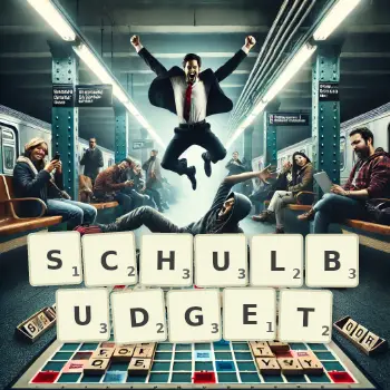 Kreative Illustration für ein Scrabble-Spiel, bei dem das Wort SCHULBUDGET mit Steinen auf dem Brett gelegt wurde.