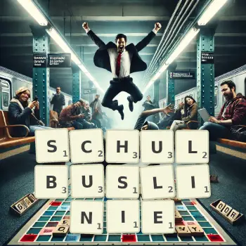 Kreative Illustration für ein Scrabble-Spiel, bei dem das Wort SCHULBUSLINIE mit Steinen auf dem Brett gelegt wurde.