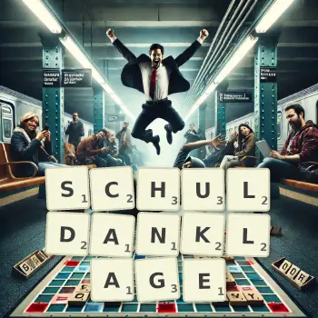 Kreative Illustration für ein Scrabble-Spiel, bei dem das Wort SCHULDANKLAGE mit Steinen auf dem Brett gelegt wurde.
