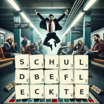 Kreative Illustration für ein Scrabble-Spiel, bei dem das Wort SCHULDBEFLECKTE mit Steinen auf dem Brett gelegt wurde.