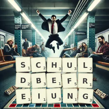 Kreative Illustration für ein Scrabble-Spiel, bei dem das Wort SCHULDBEFREIUNG mit Steinen auf dem Brett gelegt wurde.