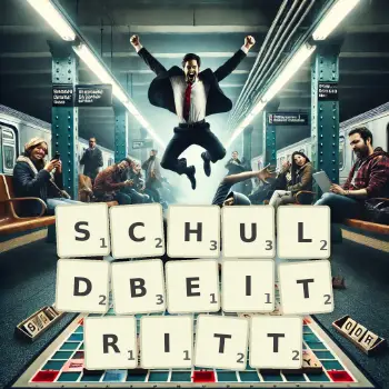 Kreative Illustration für ein Scrabble-Spiel, bei dem das Wort SCHULDBEITRITT mit Steinen auf dem Brett gelegt wurde.