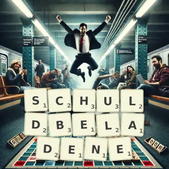 Kreative Illustration für ein Scrabble-Spiel, bei dem das Wort SCHULDBELADENE mit Steinen auf dem Brett gelegt wurde.
