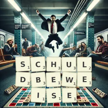 Kreative Illustration für ein Scrabble-Spiel, bei dem das Wort SCHULDBEWEISE mit Steinen auf dem Brett gelegt wurde.