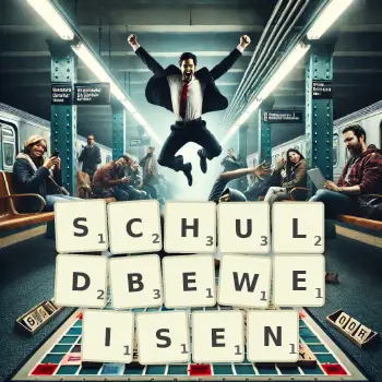 Kreative Illustration für ein Scrabble-Spiel, bei dem das Wort SCHULDBEWEISEN mit Steinen auf dem Brett gelegt wurde.
