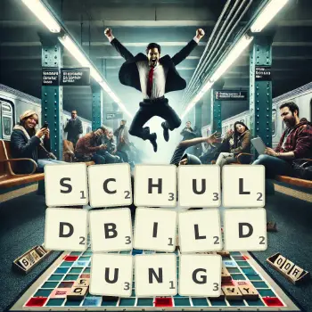Kreative Illustration für ein Scrabble-Spiel, bei dem das Wort SCHULDBILDUNG mit Steinen auf dem Brett gelegt wurde.