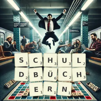 Kreative Illustration für ein Scrabble-Spiel, bei dem das Wort SCHULDBÜCHERN mit Steinen auf dem Brett gelegt wurde.