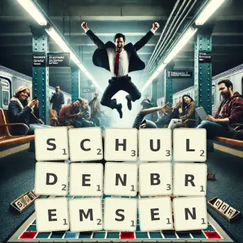Kreative Illustration für ein Scrabble-Spiel, bei dem das Wort SCHULDENBREMSEN mit Steinen auf dem Brett gelegt wurde.