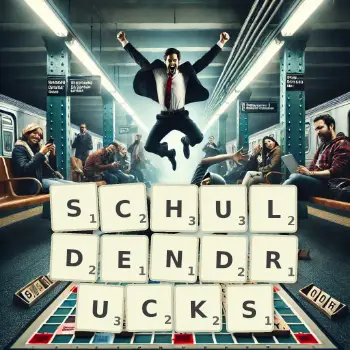 Kreative Illustration für ein Scrabble-Spiel, bei dem das Wort SCHULDENDRUCKS mit Steinen auf dem Brett gelegt wurde.
