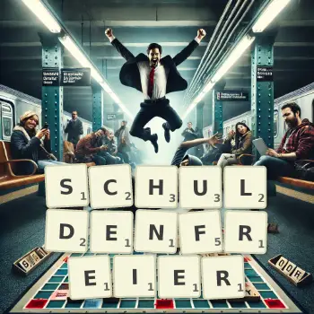 Kreative Illustration für ein Scrabble-Spiel, bei dem das Wort SCHULDENFREIER mit Steinen auf dem Brett gelegt wurde.