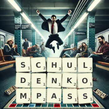 Kreative Illustration für ein Scrabble-Spiel, bei dem das Wort SCHULDENKOMPASS mit Steinen auf dem Brett gelegt wurde.