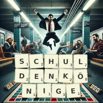 Kreative Illustration für ein Scrabble-Spiel, bei dem das Wort SCHULDENKÖNIGE mit Steinen auf dem Brett gelegt wurde.