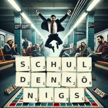 Kreative Illustration für ein Scrabble-Spiel, bei dem das Wort SCHULDENKÖNIGS mit Steinen auf dem Brett gelegt wurde.