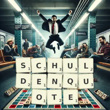 Kreative Illustration für ein Scrabble-Spiel, bei dem das Wort SCHULDENQUOTE mit Steinen auf dem Brett gelegt wurde.