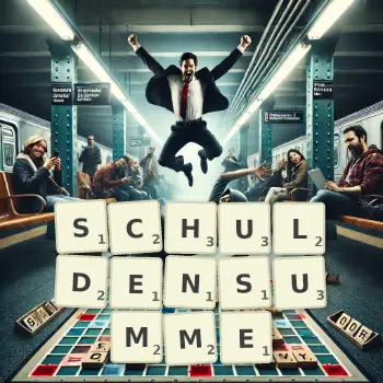 Kreative Illustration für ein Scrabble-Spiel, bei dem das Wort SCHULDENSUMME mit Steinen auf dem Brett gelegt wurde.