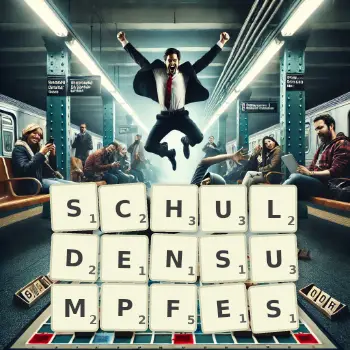 Kreative Illustration für ein Scrabble-Spiel, bei dem das Wort SCHULDENSUMPFES mit Steinen auf dem Brett gelegt wurde.