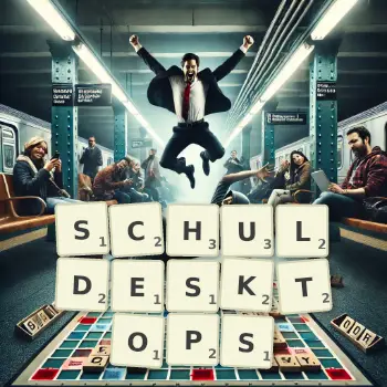 Kreative Illustration für ein Scrabble-Spiel, bei dem das Wort SCHULDESKTOPS mit Steinen auf dem Brett gelegt wurde.