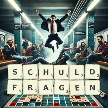 Kreative Illustration für ein Scrabble-Spiel, bei dem das Wort SCHULDFRAGEN mit Steinen auf dem Brett gelegt wurde.