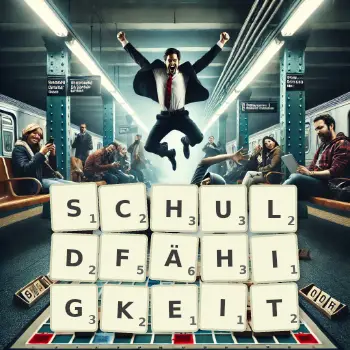 Kreative Illustration für ein Scrabble-Spiel, bei dem das Wort SCHULDFÄHIGKEIT mit Steinen auf dem Brett gelegt wurde.