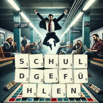 Kreative Illustration für ein Scrabble-Spiel, bei dem das Wort SCHULDGEFÜHLEN mit Steinen auf dem Brett gelegt wurde.