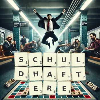 Kreative Illustration für ein Scrabble-Spiel, bei dem das Wort SCHULDHAFTERE mit Steinen auf dem Brett gelegt wurde.