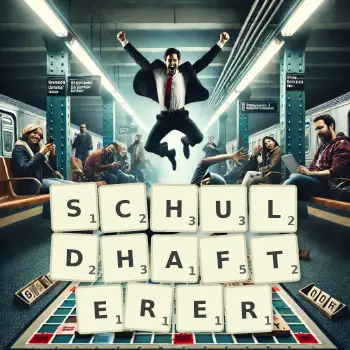 Kreative Illustration für ein Scrabble-Spiel, bei dem das Wort SCHULDHAFTERER mit Steinen auf dem Brett gelegt wurde.