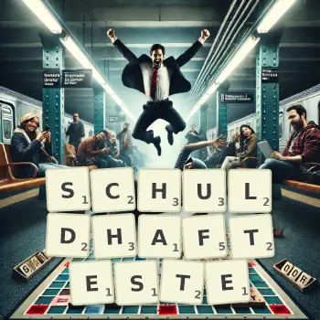 Kreative Illustration für ein Scrabble-Spiel, bei dem das Wort SCHULDHAFTESTE mit Steinen auf dem Brett gelegt wurde.
