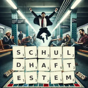 Kreative Illustration für ein Scrabble-Spiel, bei dem das Wort SCHULDHAFTESTEM mit Steinen auf dem Brett gelegt wurde.