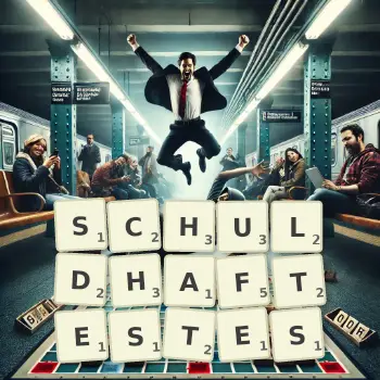 Kreative Illustration für ein Scrabble-Spiel, bei dem das Wort SCHULDHAFTESTES mit Steinen auf dem Brett gelegt wurde.