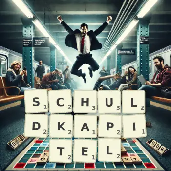 Kreative Illustration für ein Scrabble-Spiel, bei dem das Wort SCHULDKAPITEL mit Steinen auf dem Brett gelegt wurde.