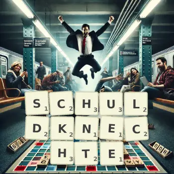 Kreative Illustration für ein Scrabble-Spiel, bei dem das Wort SCHULDKNECHTE mit Steinen auf dem Brett gelegt wurde.