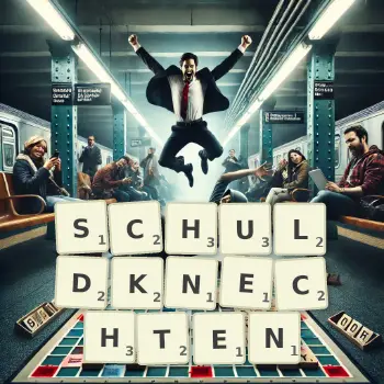 Kreative Illustration für ein Scrabble-Spiel, bei dem das Wort SCHULDKNECHTEN mit Steinen auf dem Brett gelegt wurde.
