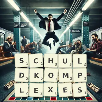 Kreative Illustration für ein Scrabble-Spiel, bei dem das Wort SCHULDKOMPLEXES mit Steinen auf dem Brett gelegt wurde.