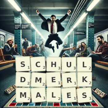 Kreative Illustration für ein Scrabble-Spiel, bei dem das Wort SCHULDMERKMALES mit Steinen auf dem Brett gelegt wurde.