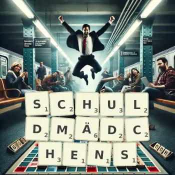 Kreative Illustration für ein Scrabble-Spiel, bei dem das Wort SCHULDMÄDCHENS mit Steinen auf dem Brett gelegt wurde.