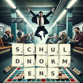Kreative Illustration für ein Scrabble-Spiel, bei dem das Wort SCHULDNORMENS mit Steinen auf dem Brett gelegt wurde.