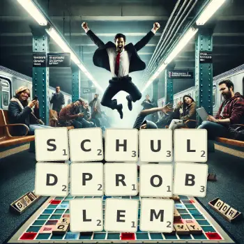 Kreative Illustration für ein Scrabble-Spiel, bei dem das Wort SCHULDPROBLEM mit Steinen auf dem Brett gelegt wurde.