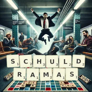 Kreative Illustration für ein Scrabble-Spiel, bei dem das Wort SCHULDRAMAS mit Steinen auf dem Brett gelegt wurde.