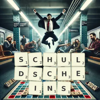 Kreative Illustration für ein Scrabble-Spiel, bei dem das Wort SCHULDSCHEINS mit Steinen auf dem Brett gelegt wurde.